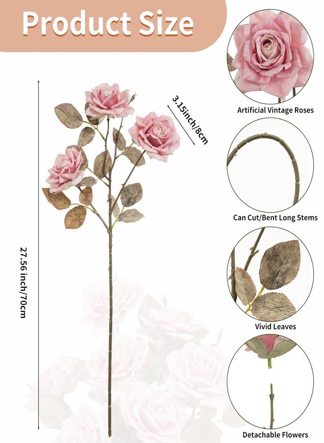 DuHouse 4pcs Artificial Vintage Roses Fake Silk Rose with Long Stem for Flower Arrangement Wedding Centerpiece Party Table Decoration(Pink) - Image 2